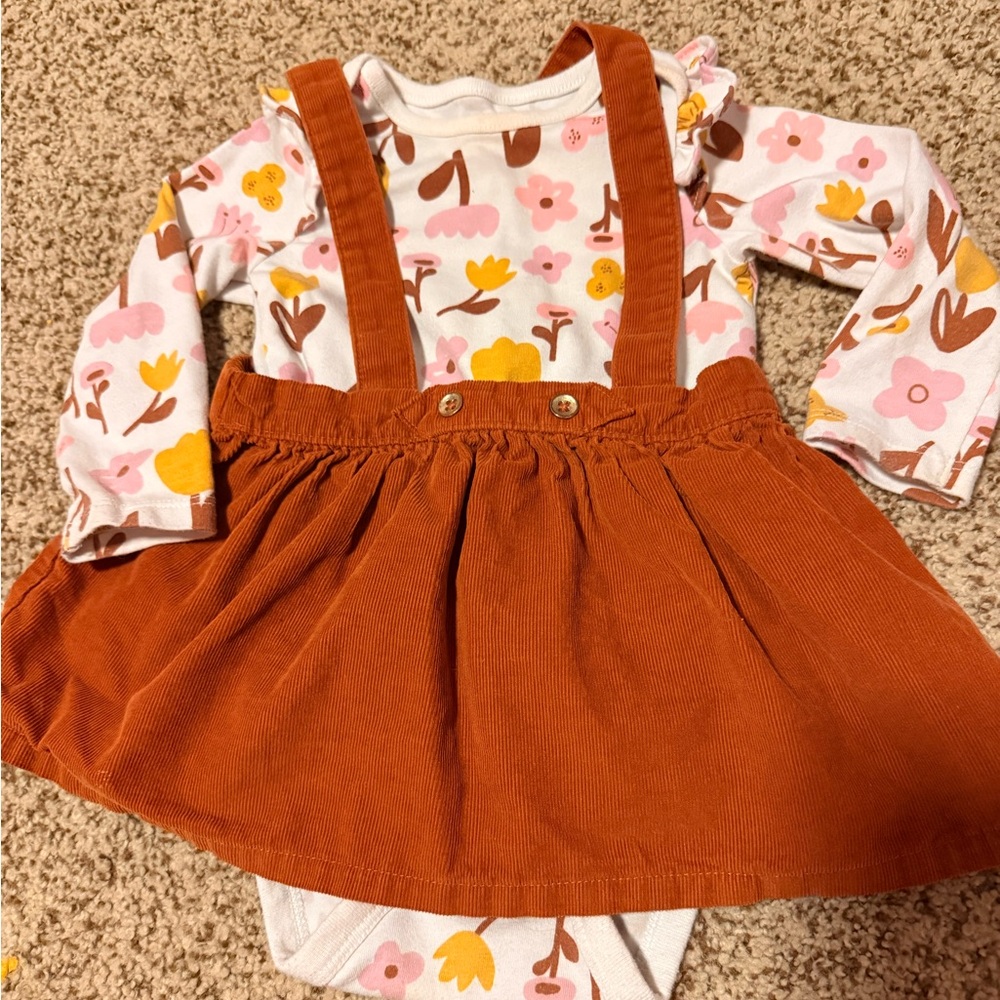 Rust Corduroy overall skirt with floral undershirt